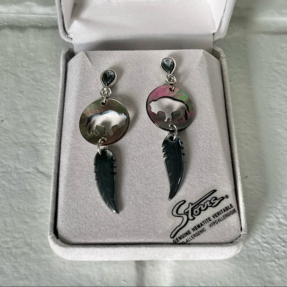NIB Storrs Hematite Earrings - Bison and Feather